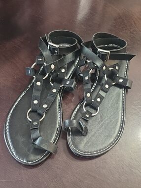 Black Studded T-Strap Ankle Wrap Sandals